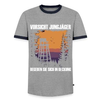 Méfiez-vous des jeunes chasseurs - T-shirt contrasté Homme - gris/marine  - Devant - AI Model Female 172 light (172cm) & AI Model Male 178 light (178cm)