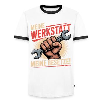 Meine Werkstatt Meine Gesetze - Männer Kontrast-T-Shirt - Weiß/Schwarz - Vorne - AI Model Female 172 light (172cm) & AI Model Male 178 dark (178cm)