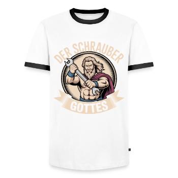 Der Schrauber Gottes - Männer Kontrast-T-Shirt - Weiß/Schwarz - Vorne - AI Model Female 172 light (172cm) & AI Model Male 178 dark (178cm)