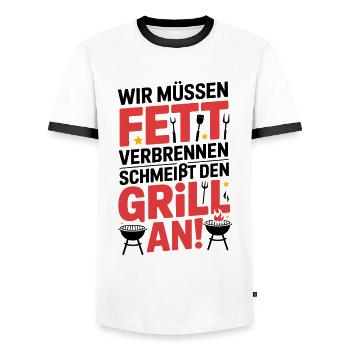 Lass Fett verbrennen - Grill an - Männer Kontrast-T-Shirt - Weiß/Schwarz - Vorne - AI Model Female 172 light (172cm) & AI Model Male 178 dark (178cm)
