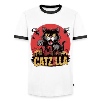Catzilla – The kitty becomes power - Men's Ringer Shirt - white/black - Front - AI Model Female 172 light (172cm) & AI Model Male 178 dark (178cm)