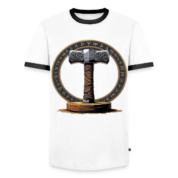 Viking Hammer Warrior Valhalla Runic Circle Thor - Men's Ringer Shirt - white/black - Front - AI Model Female 172 light (172cm) & AI Model Male 178 dark (178cm)