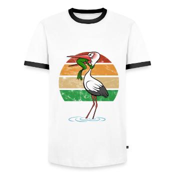 Frog and Stork - Never give up - Saying - Men's Ringer Shirt - white/black - Front - AI Model Female 172 light (172cm) & AI Model Male 178 dark (178cm)