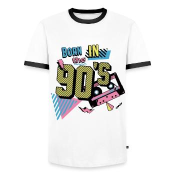 Né dans les années 90 Rétro Nostalgie Design des années 90 - T-shirt contrasté Homme - blanc/noir - Devant - AI Model Female 172 light (172cm) & AI Model Male 178 dark (178cm)