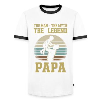 L’Homme, le Mythe, La Légende – Papa - T-shirt contrasté Homme - blanc/noir - Devant - AI Model Female 172 light (172cm) & AI Model Male 178 dark (178cm)