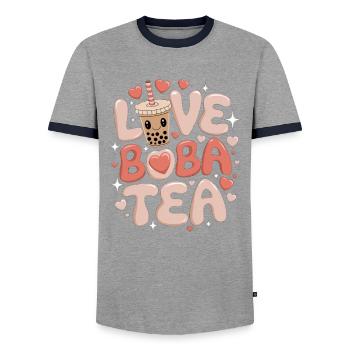 Love Boba Tea, Japanese - Men's Ringer Shirt - grey/navy  - Front - AI Model Female 172 light (172cm) & AI Model Male 178 light (178cm)