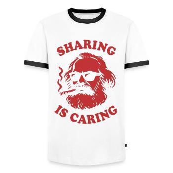 Sharing is caring - Lustiger Karl Marx Cartoon - Männer Kontrast-T-Shirt - Weiß/Schwarz - Vorne - AI Model Female 172 light (172cm) & AI Model Male 178 dark (178cm)