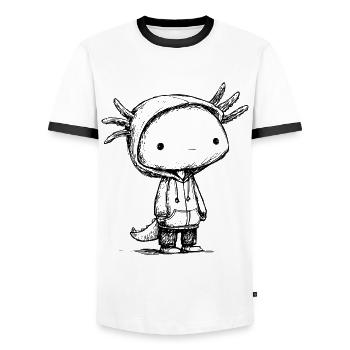 Kawaii Axolotl Cartoon Skizze – niedliches Motiv - Männer Kontrast-T-Shirt - Weiß/Schwarz - Vorne - AI Model Female 172 light (172cm) & AI Model Male 178 dark (178cm)
