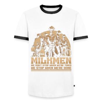 Milchmann We Stop When We're Done - Männer Kontrast-T-Shirt - Weiß/Schwarz - Vorne - AI Model Female 172 light (172cm) & AI Model Male 178 dark (178cm)
