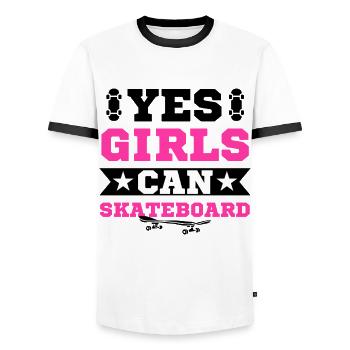 Skateboard Girl Ladies Skater - Men's Ringer Shirt - white/black - Front - AI Model Female 172 light (172cm) & AI Model Male 178 dark (178cm)