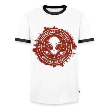 Intergalactic Visitor – Stamp Design from Space - Men's Ringer Shirt - white/black - Front - AI Model Female 172 light (172cm) & AI Model Male 178 dark (178cm)