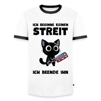 Katze mit Messer – Ich beende jeden Streit - Männer Kontrast-T-Shirt - Weiß/Schwarz - Vorne - AI Model Female 172 light (172cm) & AI Model Male 178 dark (178cm)