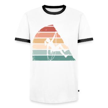 Climbing Girl – Empowered Women on the Rocks - Men's Ringer Shirt - white/black - Front - AI Model Female 172 light (172cm) & AI Model Male 178 dark (178cm)