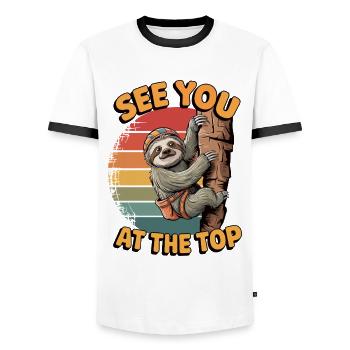 See You at the Top – Kletter Faultier - Männer Kontrast-T-Shirt - Weiß/Schwarz - Vorne - AI Model Female 172 light (172cm) & AI Model Male 178 dark (178cm)