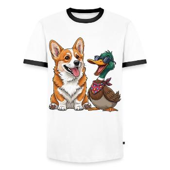 Corgi and duck - Men's Ringer Shirt - white/black - Front - AI Model Female 172 light (172cm) & AI Model Male 178 dark (178cm)