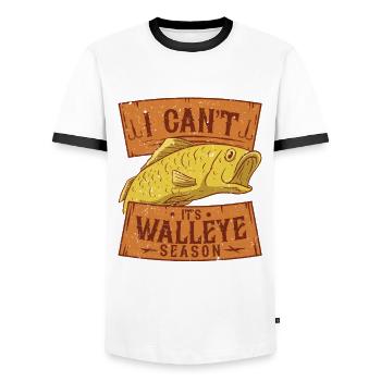 Le sandre à œil de verre est la saison du doré jaune - T-shirt contrasté Homme - blanc/noir - Devant - AI Model Female 172 light (172cm) & AI Model Male 178 dark (178cm)