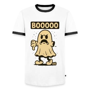 Angry Ghost with Lettering Booooo - Men's Ringer Shirt - white/black - Front - AI Model Female 172 light (172cm) & AI Model Male 178 dark (178cm)