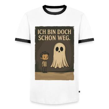 Junge mit Geist und Text „Ich bin doch schon weg“ - Männer Kontrast-T-Shirt - Weiß/Schwarz - Vorne - AI Model Female 172 light (172cm) & AI Model Male 178 dark (178cm)