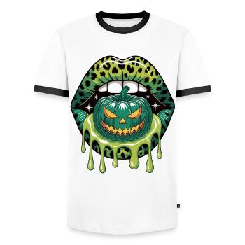 Leopard Lips & Pumpkin – Halloween - Men's Ringer Shirt - white/black - Front - AI Model Female 172 light (172cm) & AI Model Male 178 dark (178cm)
