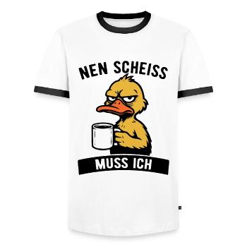 Freche Ente - Nen Scheiß muss ich - Kaffee - Männer Kontrast-T-Shirt - Weiß/Schwarz - Vorne - AI Model Female 172 light (172cm) & AI Model Male 178 dark (178cm)