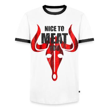 Nice to meat you - Griller steak viande - T-shirt contrasté Homme - blanc/noir - Devant - AI Model Female 172 light (172cm) & AI Model Male 178 dark (178cm)