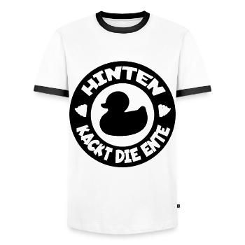 Derrière, le canard fait caca, un t-shirt amusant - T-shirt contrasté Homme - blanc/noir - Devant - AI Model Female 172 light (172cm) & AI Model Male 178 dark (178cm)