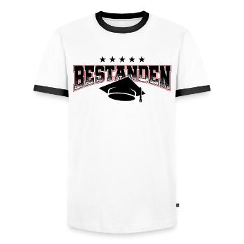 Bachelor Master Abschluss Promotion Sponsion Uni - Männer Kontrast-T-Shirt - Weiß/Schwarz - Vorne - AI Model Female 172 light (172cm) & AI Model Male 178 dark (178cm)