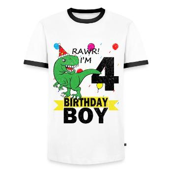 4 Jahre alt Geburtstag Dino Dinosaurier T-Shirt - Männer Kontrast-T-Shirt - Weiß/Schwarz - Vorne - AI Model Female 172 light (172cm) & AI Model Male 178 dark (178cm)