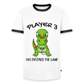 Le joueur 3 a le jeu Entering Baby Dinosaurs - T-shirt contrasté Homme - blanc/noir - Devant - AI Model Female 172 light (172cm) & AI Model Male 178 dark (178cm)