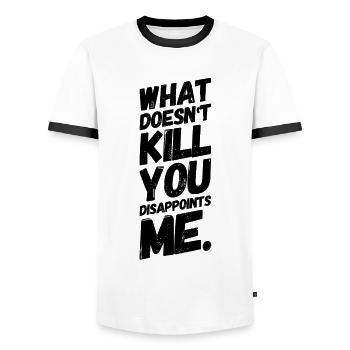 Freche Sprüche Witz Schwarzer Humor II - Männer Kontrast-T-Shirt - Weiß/Schwarz - Vorne - AI Model Female 172 light (172cm) & AI Model Male 178 dark (178cm)