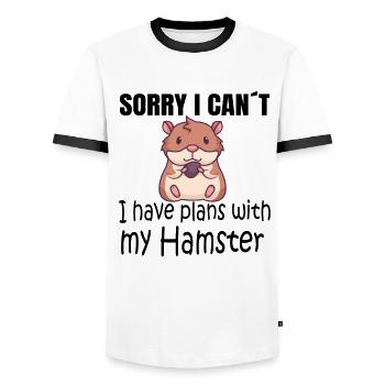 Hamster Sorry I can't I have plans with my hamster - Men's Ringer Shirt - white/black - Front - AI Model Female 172 light (172cm) & AI Model Male 178 dark (178cm)