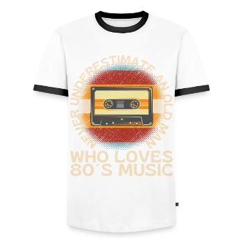 Alter Mann, der Musik der 80er Jahre liebt - Männer Kontrast-T-Shirt - Weiß/Schwarz - Vorne - AI Model Female 172 light (172cm) & AI Model Male 178 dark (178cm)