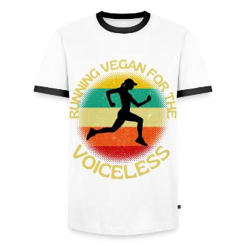 Running Vegan For The Voiceless - Men's Ringer Shirt - white/black - Front - AI Model Female 172 light (172cm) & AI Model Male 178 dark (178cm)