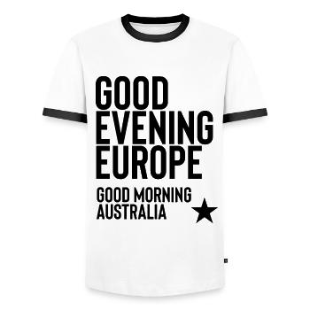 Eurovision Song Contest - Men's Ringer Shirt - white/black - Front - AI Model Female 172 light (172cm) & AI Model Male 178 dark (178cm)