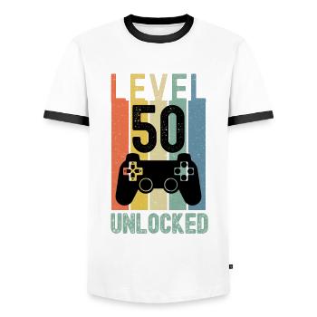 Level 50 Unlocked Funny Gaming - Men's Ringer Shirt - white/black - Front - AI Model Female 172 light (172cm) & AI Model Male 178 dark (178cm)