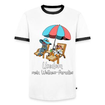 Wellness-Paradies Insel Usedom - Männer Kontrast-T-Shirt - Weiß/Schwarz - Vorne - AI Model Female 172 light (172cm) & AI Model Male 178 dark (178cm)