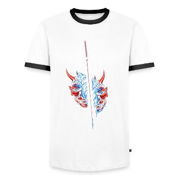 Japan Anime Mask Design Samurai Oni Monster - Men's Ringer Shirt - white/black - Front - AI Model Female 172 light (172cm) & AI Model Male 178 dark (178cm)