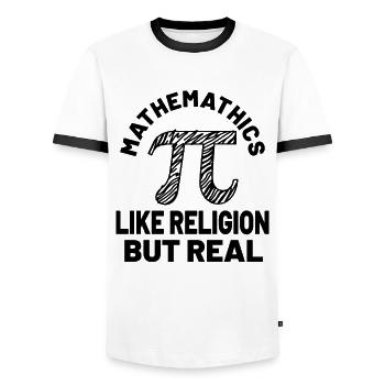 MATH ATHEIST Mathematics like religion but real - Männer Kontrast-T-Shirt - Weiß/Schwarz - Vorne - AI Model Female 172 light (172cm) & AI Model Male 178 dark (178cm)