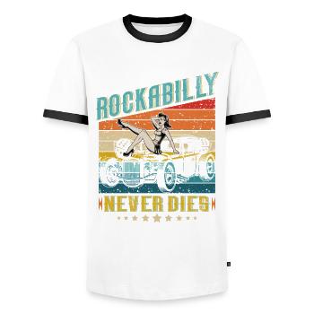 Vintage 50s RnR Design - Rockabilly never dies - Männer Kontrast-T-Shirt - Weiß/Schwarz - Vorne - AI Model Female 172 light (172cm) & AI Model Male 178 dark (178cm)