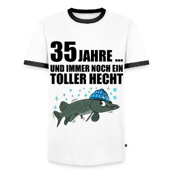 Anglergeschenk zum 35 Geburtstag 35 Ehrentag - Männer Kontrast-T-Shirt - Weiß/Schwarz - Vorne - AI Model Female 172 light (172cm) & AI Model Male 178 dark (178cm)
