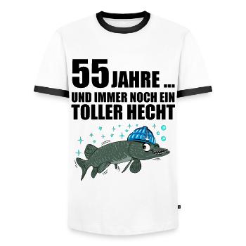 Anglergeschenk zum 55 Geburtstag 55 Ehrentag - Männer Kontrast-T-Shirt - Weiß/Schwarz - Vorne - AI Model Female 172 light (172cm) & AI Model Male 178 dark (178cm)