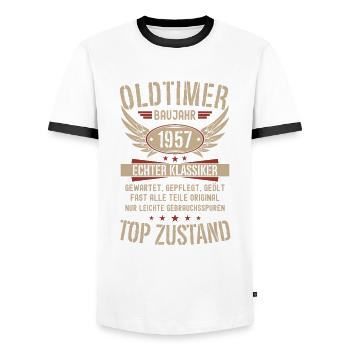 Oldtimer Baujahr 1957 Geboren Jahrgang Geburtstag - Männer Kontrast-T-Shirt - Weiß/Schwarz - Vorne - AI Model Female 172 light (172cm) & AI Model Male 178 dark (178cm)