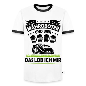 Hobbygärtner Rasenroboter Rasenmähroboter Fun - Männer Kontrast-T-Shirt - Weiß/Schwarz - Vorne - AI Model Female 172 light (172cm) & AI Model Male 178 dark (178cm)