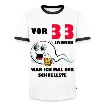 33. Geburtstag lustig 33.Ehrentag 33. Jubiläum - Männer Kontrast-T-Shirt - Weiß/Schwarz - Vorne - AI Model Female 172 light (172cm) & AI Model Male 178 dark (178cm)