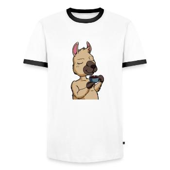 Lama drinks coffee - coffee drinker - Men's Ringer Shirt - white/black - Front - AI Model Female 172 light (172cm) & AI Model Male 178 dark (178cm)