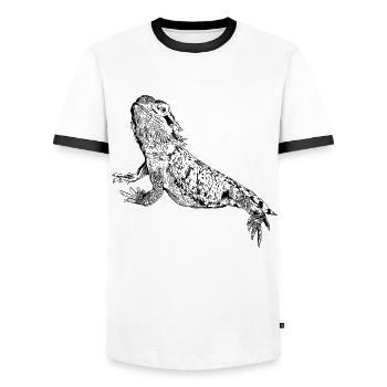 Stroke Drawing - Bearded Dragon - Men's Ringer Shirt - white/black - Front - AI Model Female 172 light (172cm) & AI Model Male 178 dark (178cm)