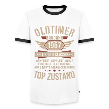 Oldtimer Baujahr 1957 Geboren Jahrgang Geburtstag - Männer Kontrast-T-Shirt - Weiß/Schwarz - Vorne - AI Model Female 172 light (172cm) & AI Model Male 178 dark (178cm)