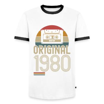 Retro Vintage 1980 Born Birthday Vintage - Men's Ringer Shirt - white/black - Front - AI Model Female 172 light (172cm) & AI Model Male 178 dark (178cm)