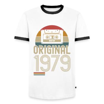 Retro Vintage 1979 Born Birthday Vintage - Men's Ringer Shirt - white/black - Front - AI Model Female 172 light (172cm) & AI Model Male 178 dark (178cm)