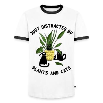 Juste distrait par les plantes et les chats - T-shirt contrasté Homme - blanc/noir - Devant - AI Model Female 172 light (172cm) & AI Model Male 178 dark (178cm)
